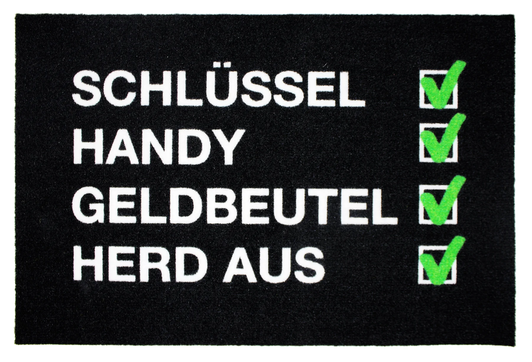 Checkliste Fußmatte Schlüssel, Handy, Geldbeutel, Herd aus