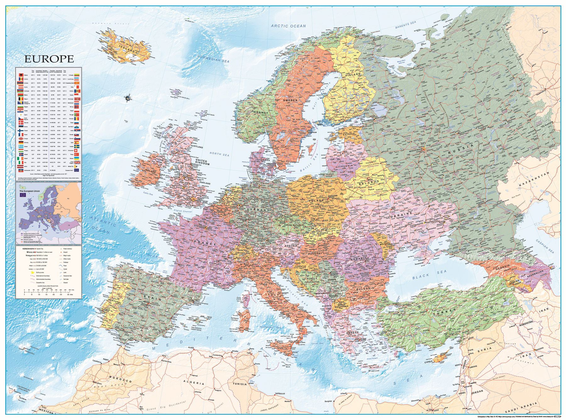 Europakarte XXL Poster Flaggen Englisch 135 x 100 cm