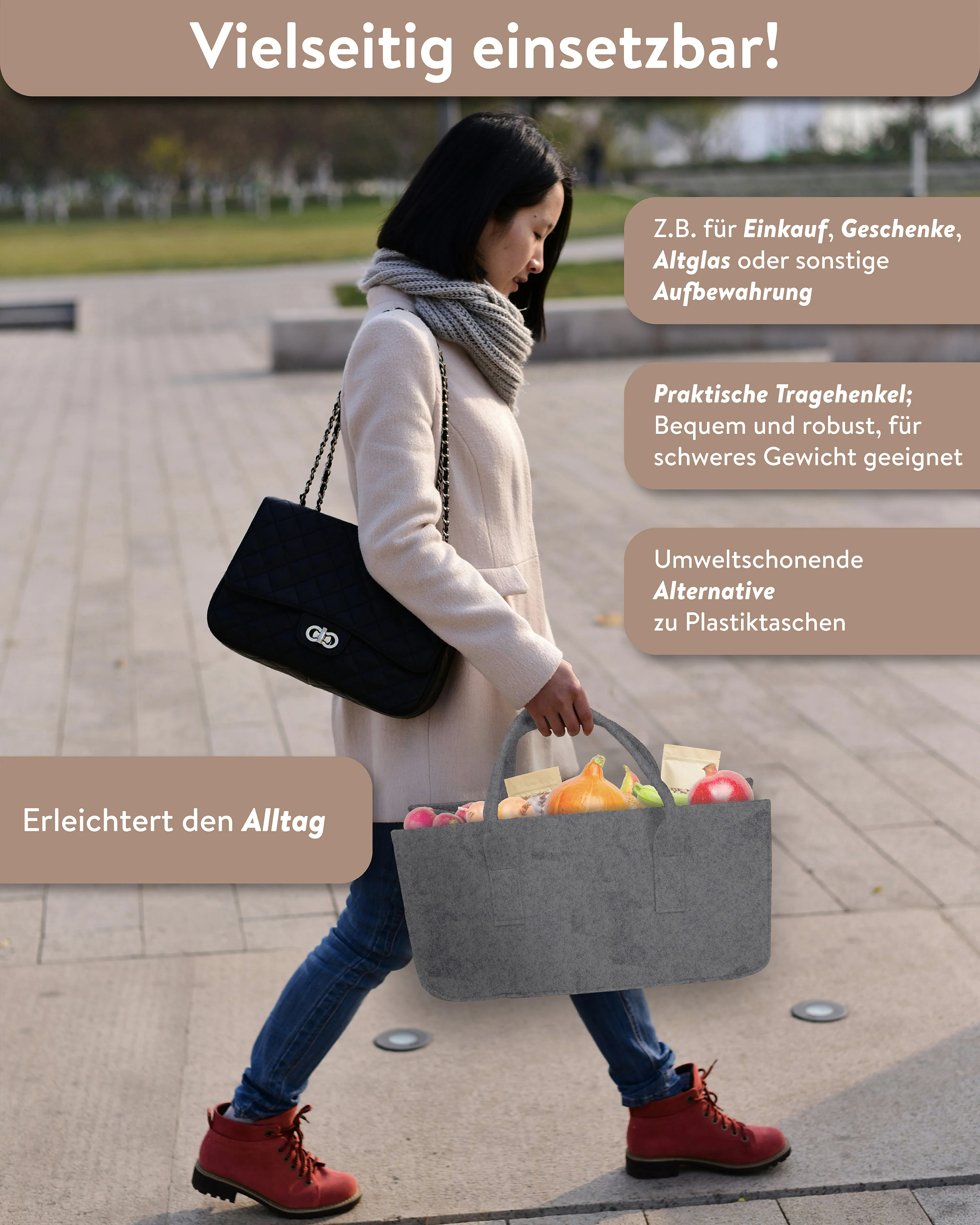 Filztasche Kaminholz Grau Tragetasche, Felt Bag Melange - Image 3