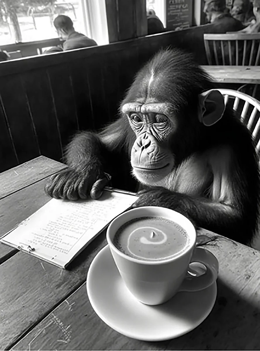 Hipster Chimp Kunstdruck Schimpansin trinkt Kaffee