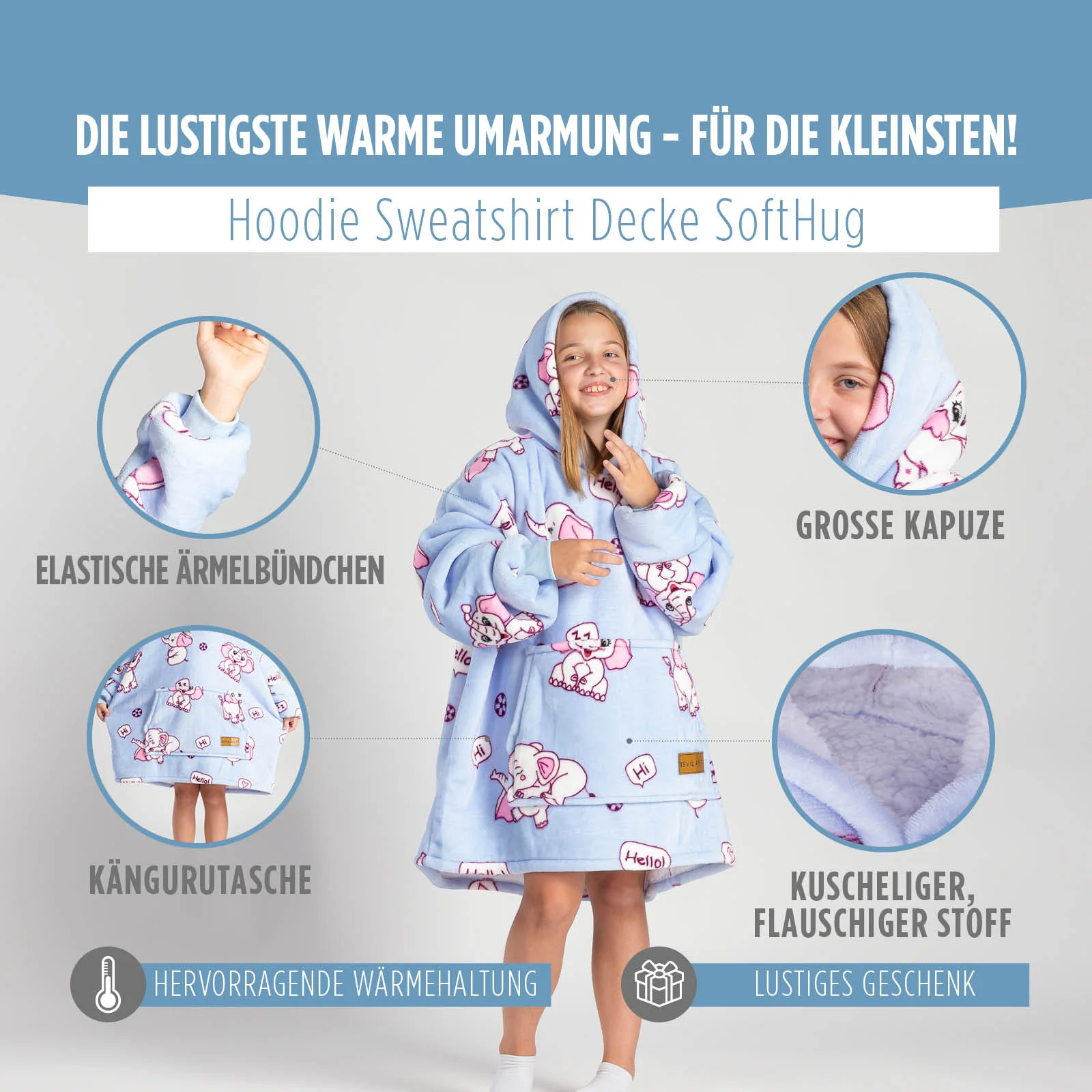 Hoodie Sweatshirt Decke Kids Elefanten, One Size Kinder - Image 4