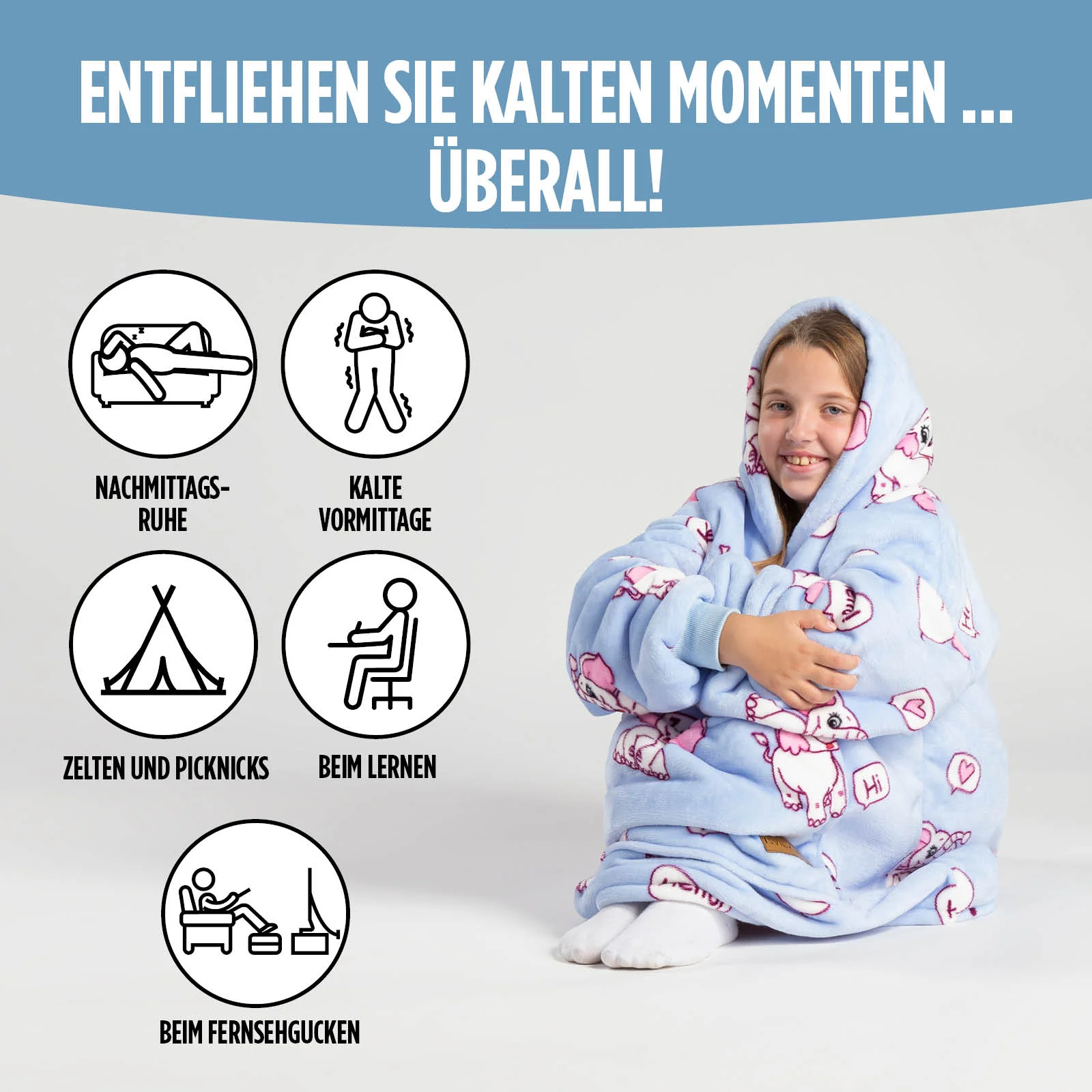 Hoodie Sweatshirt Decke Kids Elefanten, One Size Kinder - Image 6