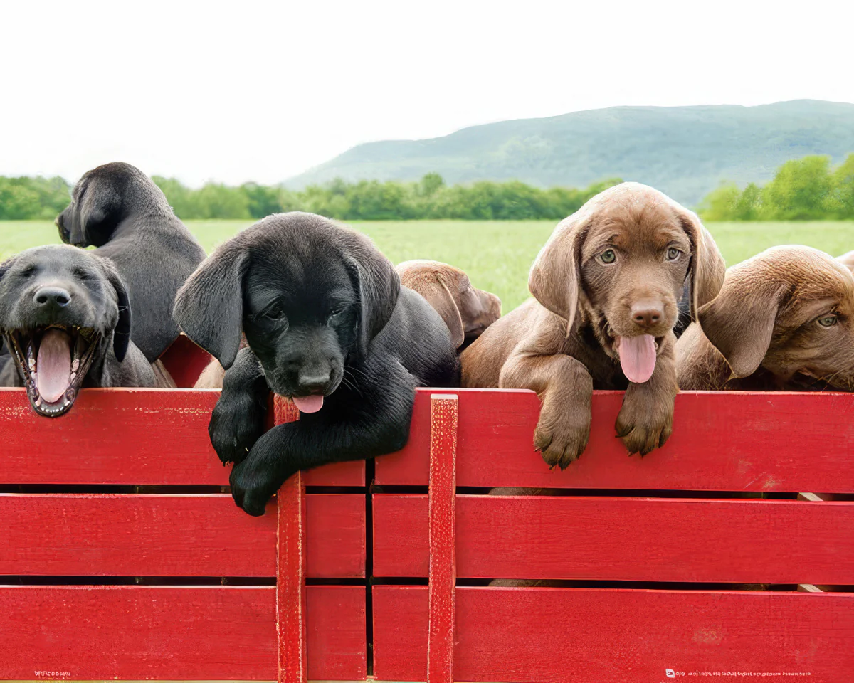 Hundewelpen auf rotem Wagen Poster