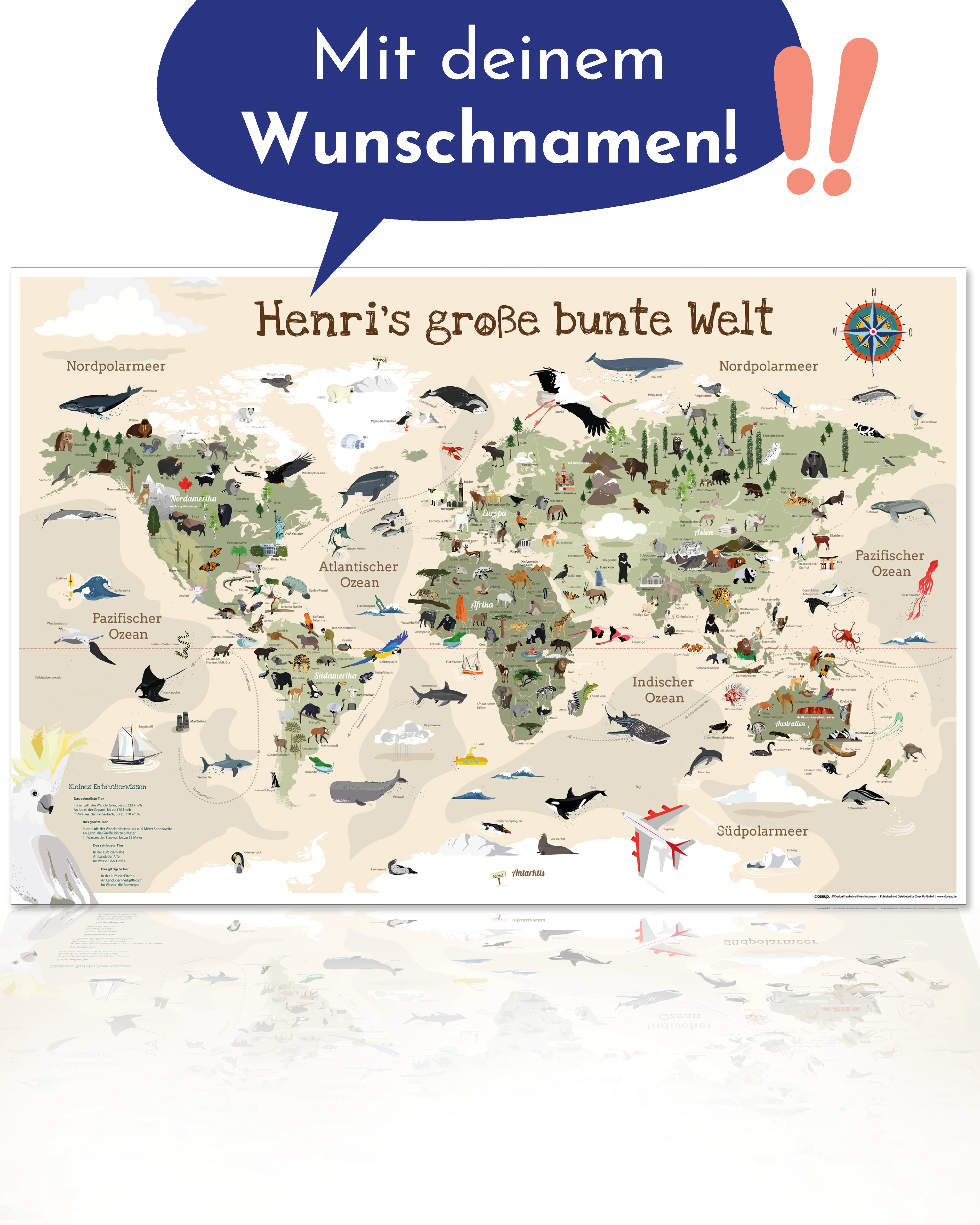 Kinder Weltkarte Beige personalisiert - 60 x 40cm