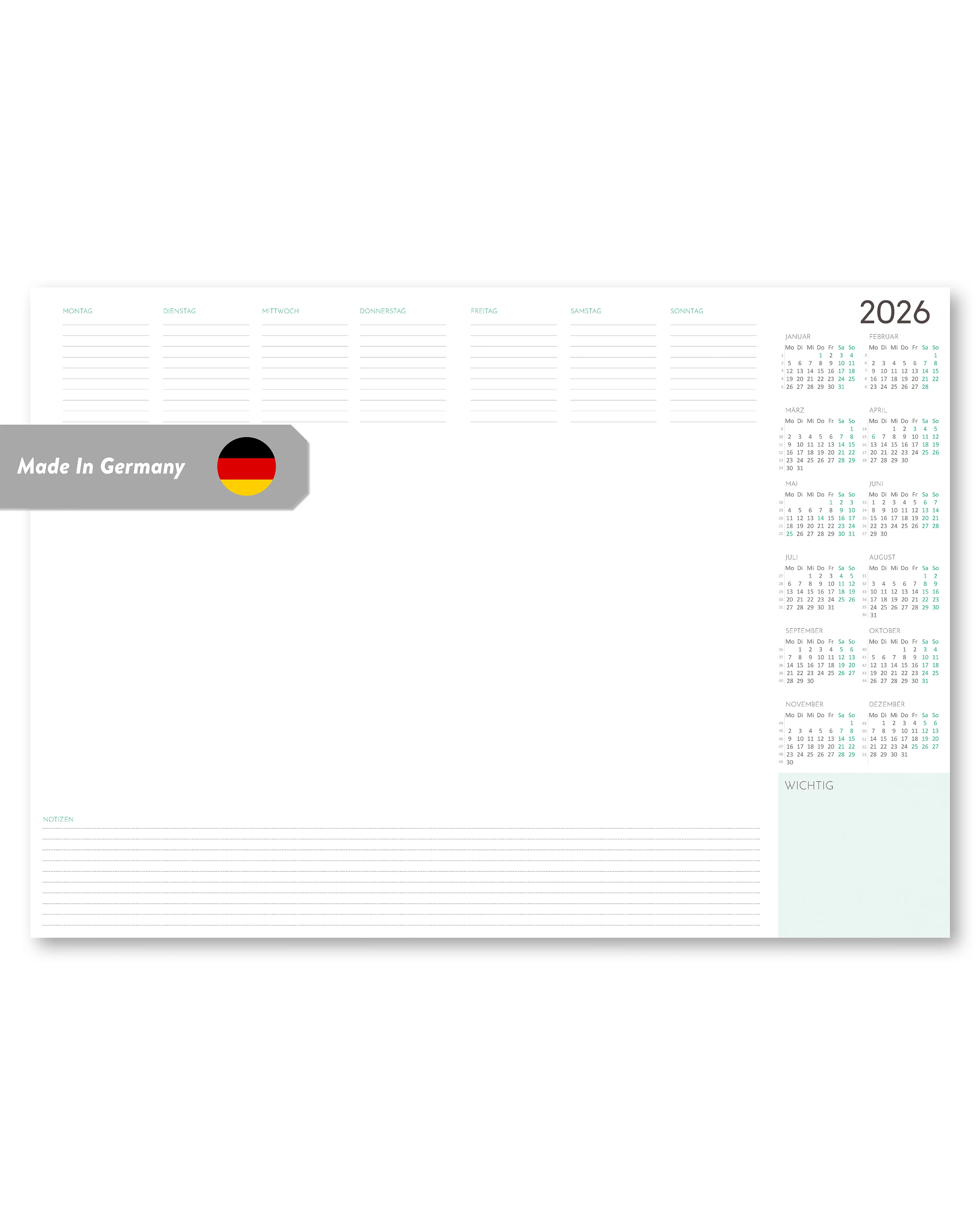 Wochenplaner Unterlage 2026 aus Papier, zum Abreißen